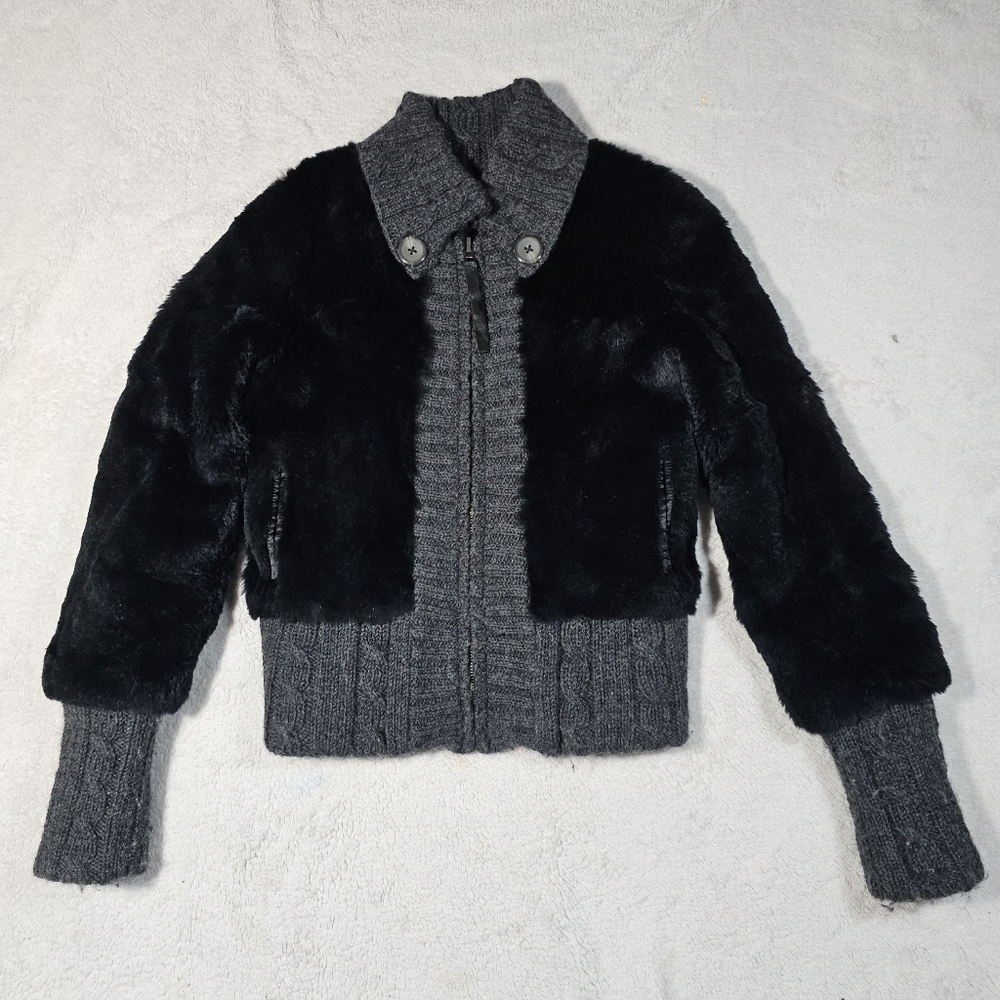 JUNE Rabbit FUR Reversible Jacket XS satin Leather Bomber knit Anthropologie